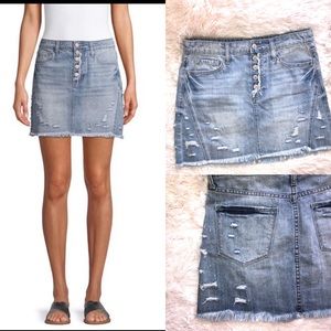 Vervet High Rise Distressed Denim Skirt Medium Light Wash Button Fly